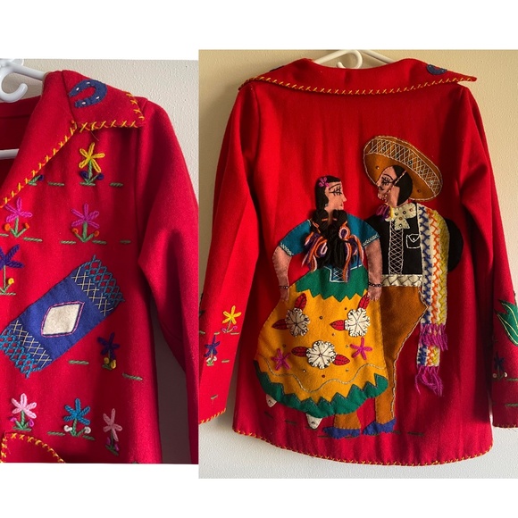 Vintage 40s 50s Red Mexican Souvenir Tourist Jacket WoolFelt Novelty Embroidered - Picture 1 of 6
